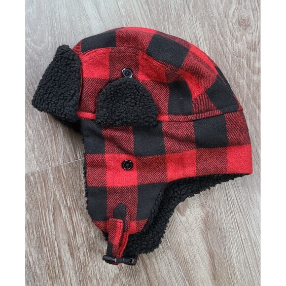 Eddie Bauer Red And Black Plaid Men's Trapper Hat Fleece Lined Ear Covers S/M - Picture 3 of 5